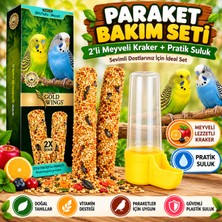 Gold Wings Paraket Meyveli Kraker 2’li + Sarı Pratik Kuş Suluğu Bakım Seti
