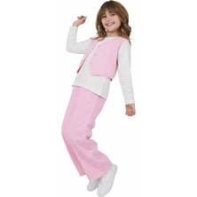 İrem Çocuk Giyim Kız Çocuk Pembe Renk Yelekli Bluz ve Bol Paça Pantolon Üçlü Takım Şık Günlük Kombin
