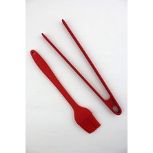 Gönül Lüks Büyük Boy Silikon 2 Li Maşa Fırça Set Kırmızı 27CM