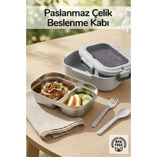 Ironika 2 Bölmeli Kaşık Çatallı Paslanmaz Çelik Yemek Kabı Lunch Box Sefer Tası Beslenme Kabı Gri