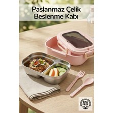 Ironika 2 Bölmeli Kaşık Çatallı Paslanmaz Çelik Yemek Kabı Lunch Box Sefer Tası Beslenme Kabı Pembe