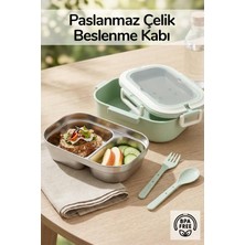 Ironika 2 Bölmeli Kaşık Çatallı Paslanmaz Çelik Yemek Kabı Lunch Box Sefer Tası Beslenme Kabı Yeşil