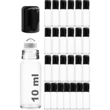 Toptan Budur Şişe; 10 ml Çelik Roll On Şişesi 10 cc Sızdırmaz Siyah Kapaklı Cam 25 Adet (Şeffaf, 10)