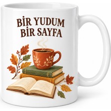 Astraltech Bir Yudum Bir Sayfa Kitap ve Kahve Temalı Porselen Kupa - Sonbahar Tasarımı - Model 257