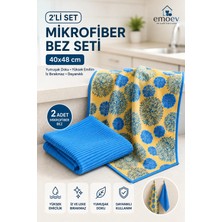 Emoev 2'li Mikrofiber Mutfak & Tezgah Temizlik Bezi Seti (40X48 Cm) - Süper Emici Iz Bırakmaz Kurulama Bezi (1 mavi + 1 Desenli)