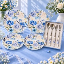 2 Kişilik 4'lü Porselen Pasta Tabağı ve Kaşık Çatal Seti Bone China Premium Series