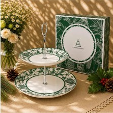 Yeşil Botanik Desenli Porselen 2 Katlı Kurabiyelik Özel Hediye Kutulu Bone China Premium Series