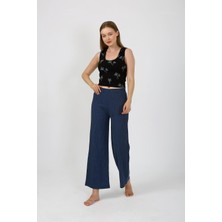 Mestore Moda Çizgi Kadın Kalın Askılı Body Bol Paça Pantolon 2`li Takım Siyah 4221