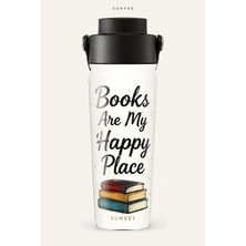 Suhvee Books Are My Happy Place Kitap Temalı 500 ml Çift Cidarlı Paslanmaz Çelik Termos