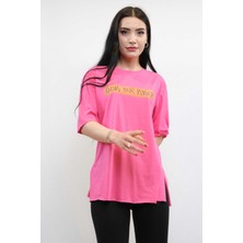 Mestore Moda Çizgi Bisiklet Yaka Oversize Tshirt Pembe