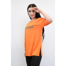 Mestore Moda Çizgi Bisiklet Yaka Oversize Tshirt Turuncu