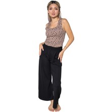 Mestore Moda Çizgi Kadın Kalın Askılı Body Bol Paça Pantolon 2`li Takım Kahve 4217