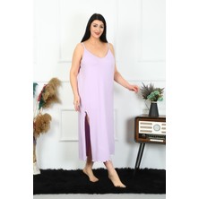 Mestore Moda Çizgi Kadın Büyük Beden Ip Askılı Pamuklu Lila Uzun Gecelik 12100