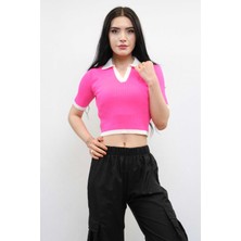Mestore Moda Çizgi Renkli Yaka Triko Crop Pembe