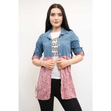 Mestore Moda Çizgi Gömlek Içi T-Shirt Ikili Takım Pudra