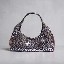 Hülya Craft Kadın Gümüş Parlak Mozaik Desenli Abiye Çanta El ve Omuz Çantası Şık Gece Davet Çantası