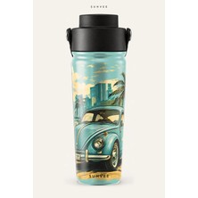 Suhvee Turkuaz Retro Araba Klasik Araba Temalı 500 ml Çift Cidarlı Paslanmaz Çelik Termos