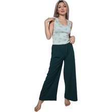 Mestore Moda Çizgi Kadın Kalın Askılı Body Bol Paça Pantolon 2`li Takım Su Yeşili 4218