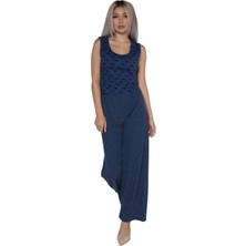 Mestore Moda Çizgi Kadın Kalın Askılı Body Bol Paça Pantolon 2`li Takım Lacivert 4217