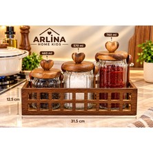 Arlina Home Kids 460 ml + 570 ml + 760 ml Ahşap Standlı Cam Kavanoz Seti