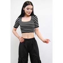 Mestore Moda Çizgi Triko Crop Çizgili Siyah