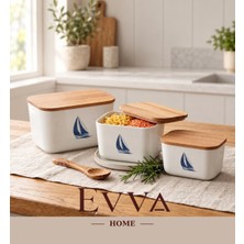 Evva Home 3’lü Beyaz Contalı Saklama Kabı Seti – Kayın Ağacı Kapaklı