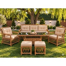 Edram Rattan Puflu Bahçe Balkon Takımı 3+1+1 Kahve