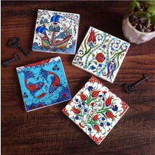 Kawin Pinecone Stone Çini Sanatı Lale, Balık, Yelkenli Gemi Taş Bardak Altlığı Seti - 4 Parça - Dekoratif, Rustik Mutfak Aksesuarı, 10X10 Cm, Kaydırmaz Tabanlı, Şık ve Dayanıklı SC221
