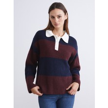 LC Waikiki Lcwaıkıkı Classic Bordo Polo Yaka Çizgili Kadın Triko Kazak