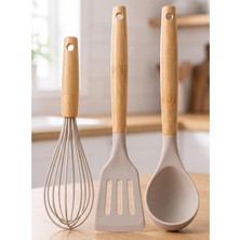 Kawin Promosyonca 3 Parça Silikon Mutfak Gereçleri Seti, Ahşap Görünümlü Saplı Çırpıcı Spatula Kepçe, Yapışmaz Tencere Tava Için Pişirme Seti, Açık Vizon