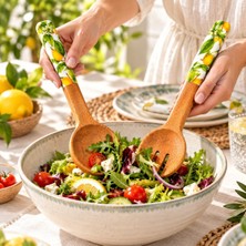 Kawin Deconox Mango Ağacı Ikili Salata Kaşığı Seti, 28 x 7 x 2 cm Limon Desenli Saplı Ahşap Salata Servis Kaşığı, 2 Parça Büyük Servis Kaşığı ve Çatallı Salata Kaşığı