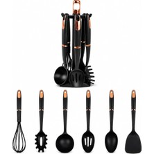 Kawin Vıvaluxe Penguen 6 Parça Standlı Mutfak Seti, Siyah Rose Gold Mutfak Gereçleri, Kepçe, Spatula, Çırpıcı, Makarna ve Servis Kaşıkları