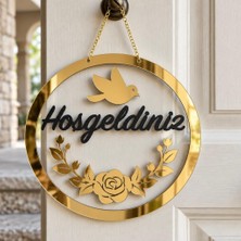 Muyika Kapı Süsü Hediyelik Dekoratif Şeffaf & Gold Pleksi Hoşgeldin -28 cm Yeni Nesil Lazer Kesim-Gold Kuş