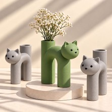 🐱 Rokh Yeşil Gri Kedi Figürlü Vazo 3’lü Set 🌿 | 3D Baskı Pla Dekoratif Çiçeklik & Kalemlik | Modern Minimalist Ev ve Ofis Dekoru 🎁