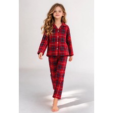 Free Beka Kırmızı Ekose Desenli Uzun Kollu Gömlek Yaka Düğmeli Kız Çocuk Pijama Takımı
