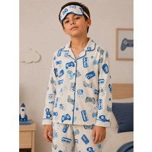 Free Beka Erkek Çocuk Önden Düğmeli Konsol Desenli Uzun Kollu Pijama Takımı Ve Göz Bandı