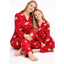 Free Beka Kırmızı Gökyüzü Ve Ayıcık Desenli Uzun Kollu Önden Düğmeli Gömlek Yaka Anne Kız Pijama Takımı Kombin