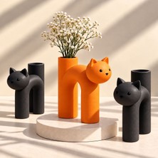 🐱 Rokh Turuncu Siyah Kedi Figürlü Vazo 3’lü Set 🧡🖤 | 3D Baskı Pla Dekoratif Çiçeklik & Kalemlik | Modern Minimalist Ev ve Ofis Dekoru 🎁