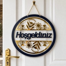 Muyika Kapı Süsü Hediyelik Dekoratif Şeffaf & Gold Pleksi Hoşgeldiniz - 28 cm Lazer Kesim-Gold Çiçek