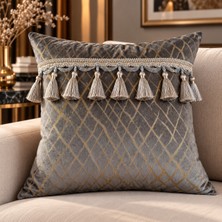 Ravello Design Gri Gold Desenli Püsküllü Dekoratif Kırlent