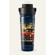 Suhvee Kırmızı Retro Araba Klasik Araba Temalı 500 ml Çift Cidarlı Paslanmaz Çelik Termos