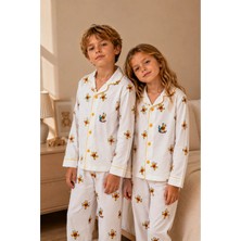 Free Beka Krem Renk Üstüne Desenli Erkek Ve Kız Uzun Kollu Pijama Takımı Ve Göz Bandı