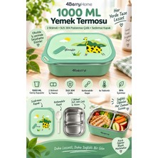 4Berry 2 Bölmeli Yemek Termosu - Yeşil Zürafa Desenli Beslenme Kabı - 1000 Ml, Sızdırmaz, Kaşıklı, Paslanmaz Çelik