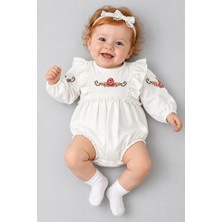 BEBEKİZ Kız Bebek %100 Pamuk Çiçek Nakışlı Fırfırlı Romper Tulum Saç Bantlı 2’li Takım 3-12 Ay