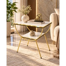 Odera Çift Beyaz Çift Raflı Yan Sehpa Komodin Metal Ayaklı Retro Modern Sehpa