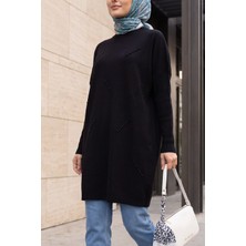 Moda Morfo Yarım Boğazlı Sıralı Incili Salaş Triko Tunik -Siyah