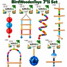 Bird Wooden Toys Birdwoodentoys 7'li Kuş Oyuncağı Seti - 3'lü Top,4 Basamaklı Merdiven,helezon,5 Basamaklı Fırfır,salıncak,zil,tünekli Top – Muhabbet Kuşu, Sevda, Forpus ve Cennet Papağanı Için