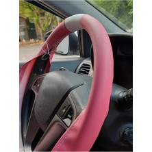 Ruselland Hyundai I20 Pembe Özel Süper Deri Beyaz Yüzüklü Dikişli Direksiyon Kılıfı