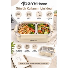 4Berry 2 Bölmeli Termos Yemek Kabı – 850 Ml, Paslanmaz Çelik, Sızdırmaz Kilitli, Şeffaf Kapaklı, Krem Rengi