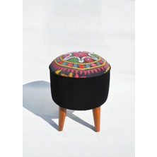 Kilim Co. Lucy Suzani Kumaşlı Ahşap Ayaklı Puf